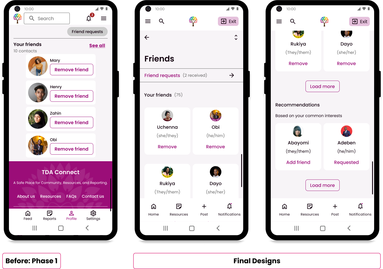 A screenshot of the before and after designs of the friend list pages