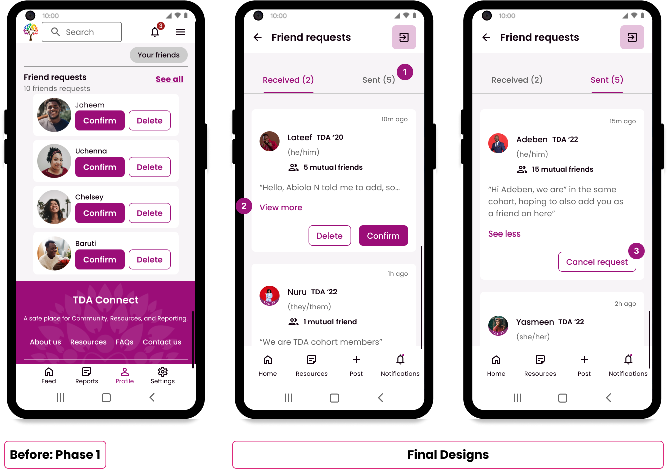 A screenshot of the before and after designs of the friend requests pages