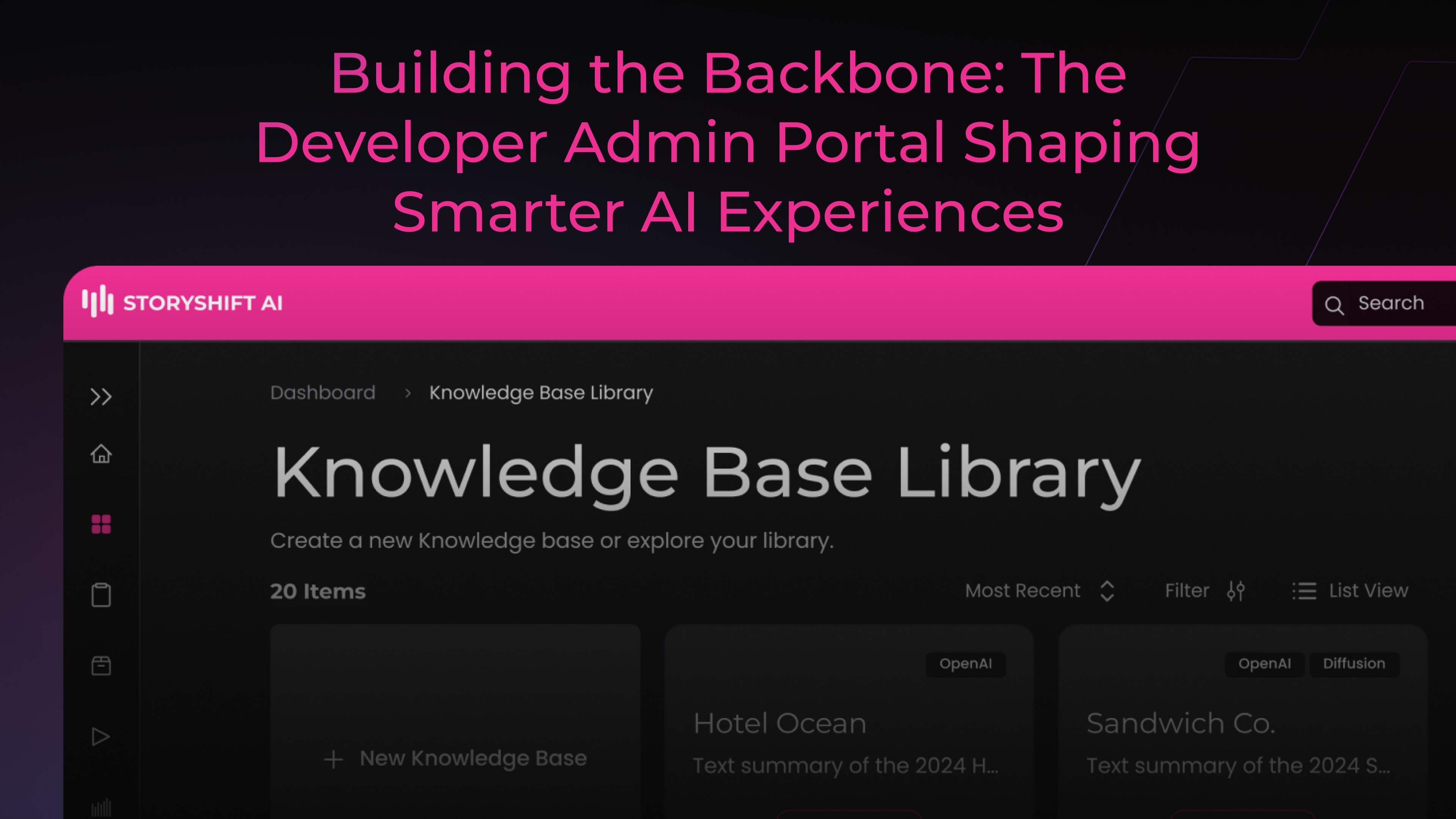the storyshift admin portal dashboard showing the knowledge base library with the words coming soon