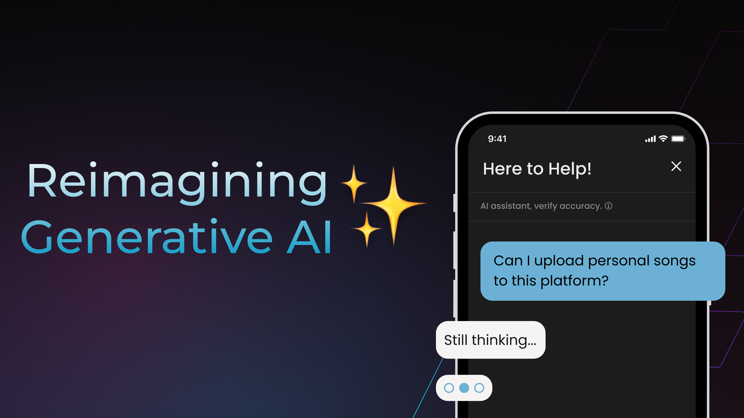 text reads: Reimagining Generative AI. A vector image of a phone with a text screen showing a conversation with AI. human: can i upload my personal songs to this platform? AI: still thinking... and three loading elipses